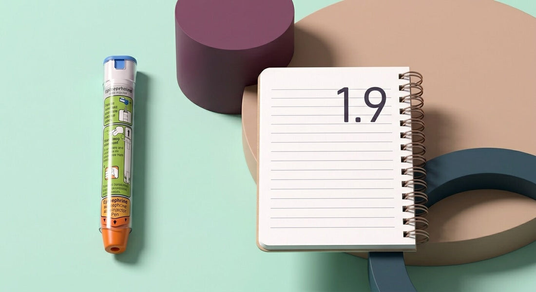 Render 3D מינימליסטי המציג מזרק אפינפרין (EpiPen) פתוח ליד מחברת ספירלה עם הטקסט '1.9' כתוב עליה. הקומפוזיציה מוקפת בצורות גיאומטריות מופשטות ומדגישה היערכות בריאותית לקראת שנת הלימודים.